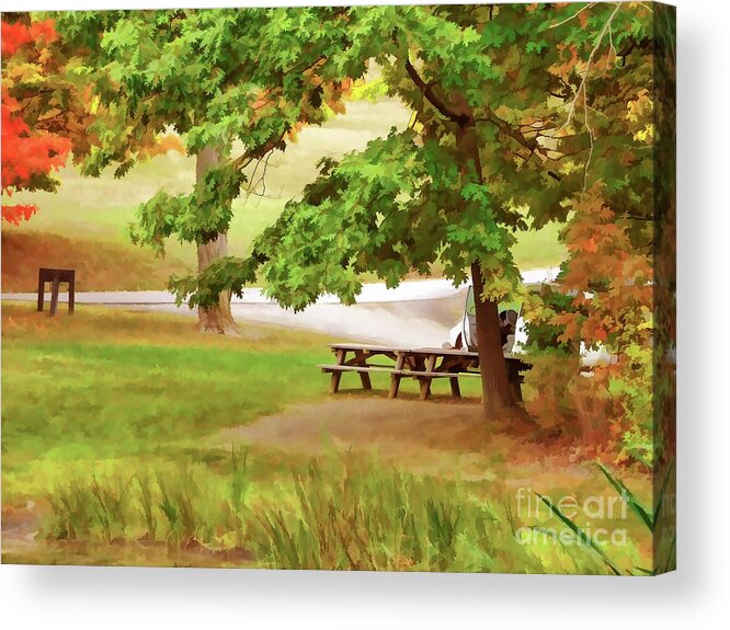 Picnic Tables On Olana Acrylic Print featuring the painting Picnic Tables on Olana 3 by Jeelan Clark