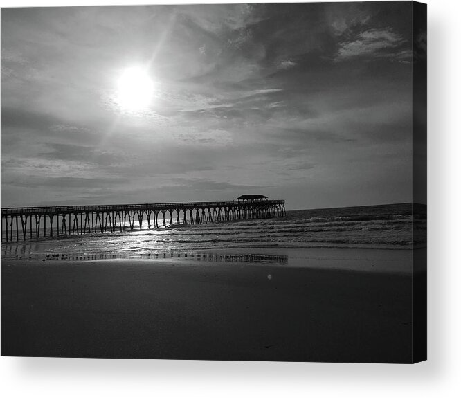 Kelly Hazel Acrylic Print featuring the photograph Pier at Myrtle Beach in Black and White by Kelly Hazel