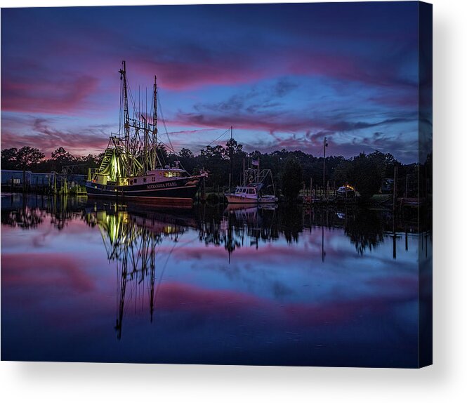 Boat Acrylic Print featuring the photograph Pink Clouds Frame a Shrimp Boat by Brad Boland