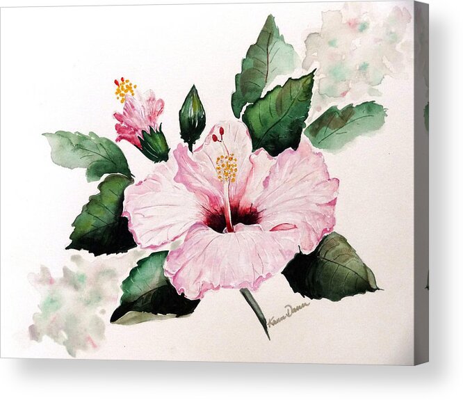 Hibiscus Painting  Floral Painting Flower Pink Hibiscus Tropical Bloom Caribbean Painting Acrylic Print featuring the painting Pink Hibiscus by Karin Dawn Kelshall- Best