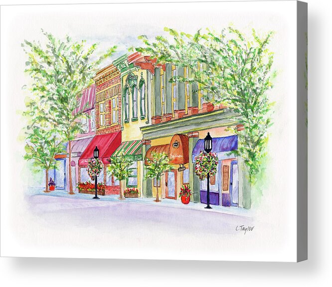 Ashland Oregon Acrylic Print featuring the painting Plaza Shops by Lori Taylor