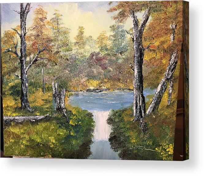 Oil Acrylic Print featuring the painting Pond in the Woods by David Bartsch