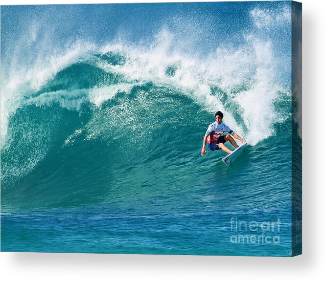 Pipeline Acrylic Print featuring the photograph Pro Surfer Gabriel Medina Surfing in the Pipeline Masters Contes by Paul Topp