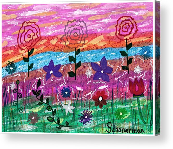 Original Drawing/painting Acrylic Print featuring the painting Rainbow Garden by Susan Schanerman