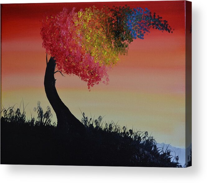 An Abstract Oil Painting Of A Tree Bending In The Wind. The Leaves Are Different Colors To Represent A Rainbow. Acrylic Print featuring the painting Rainbow Tree by Martin Schmidt