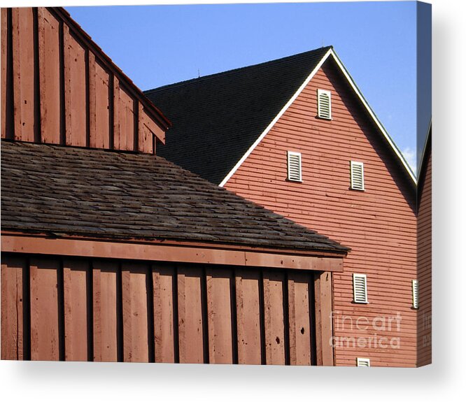 Barn Acrylic Print featuring the digital art Red Barns and Blue Sky with digital effects by William Kuta
