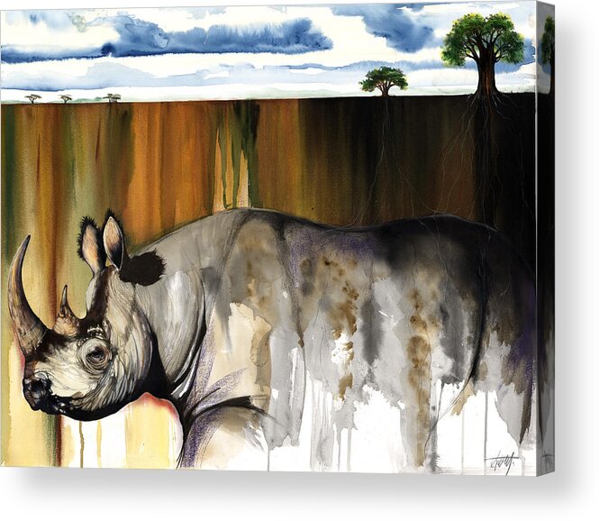 Rhino Acrylic Print featuring the mixed media Rhino I rooted ground by Anthony Burks Sr