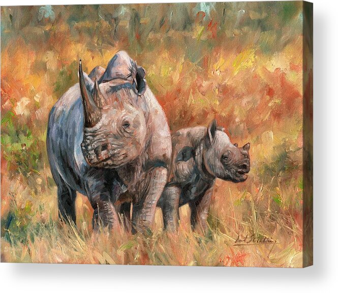 Rhino Acrylic Print featuring the painting Rhinos by David Stribbling