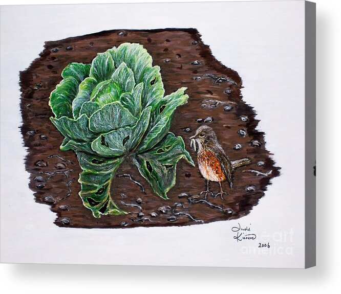 Robin Acrylic Print featuring the painting Robin in the Gardin by Judy Kirouac