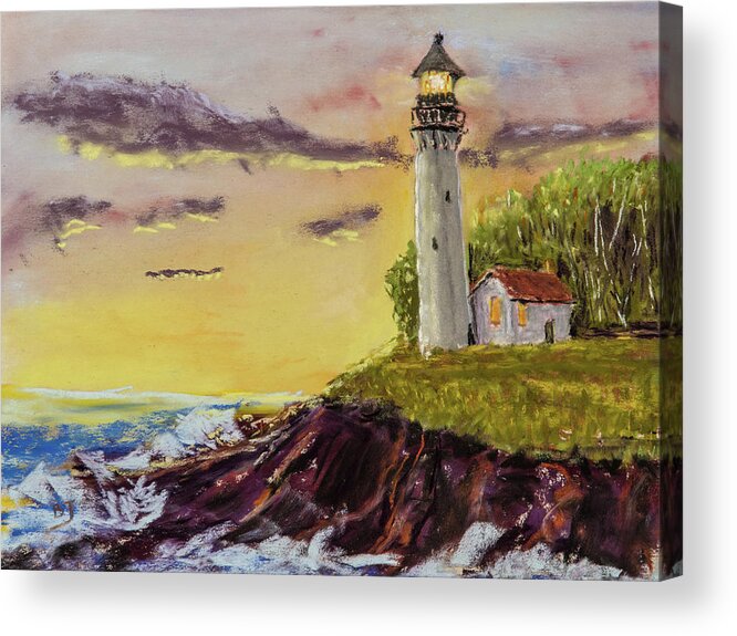 Lighthouse Acrylic Print featuring the painting Rough Seas at Sunset by Barry Jones