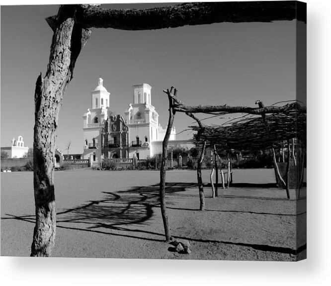 Old Acrylic Print featuring the photograph San Xavier del Bac, Monochrome by Gordon Beck