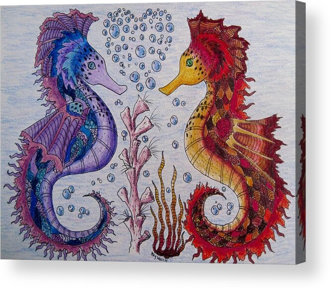 Drawings Acrylic Print featuring the drawing Sea horses in love by Megan Walsh