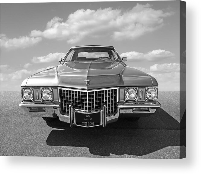 Cadillac Acrylic Print featuring the photograph Seventies Superstar - '71 Cadillac in Black and White by Gill Billington