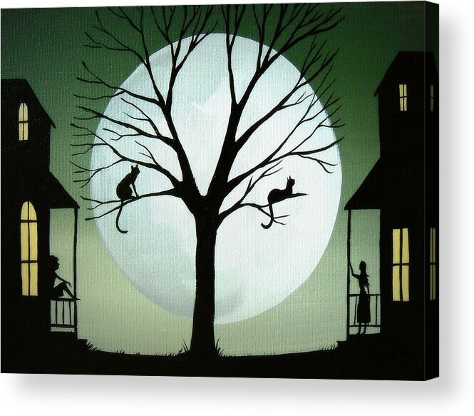 Folk Art Acrylic Print featuring the painting Sharing The Moon - cat silhouette art by Debbie Criswell