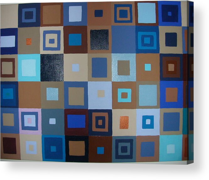 Shades Of Brown And Blue Squares Painting Acrylic Print featuring the painting Squares have It by Gay Dallek