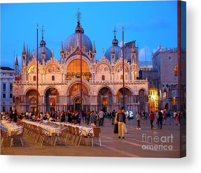 St Mark's Square Acrylic Print featuring the photograph St Mark's Square and the Basilica at night in Venice by Louise Heusinkveld