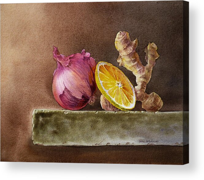 Onion Acrylic Print featuring the painting Still Life With Onion Lemon And Ginger by Irina Sztukowski
