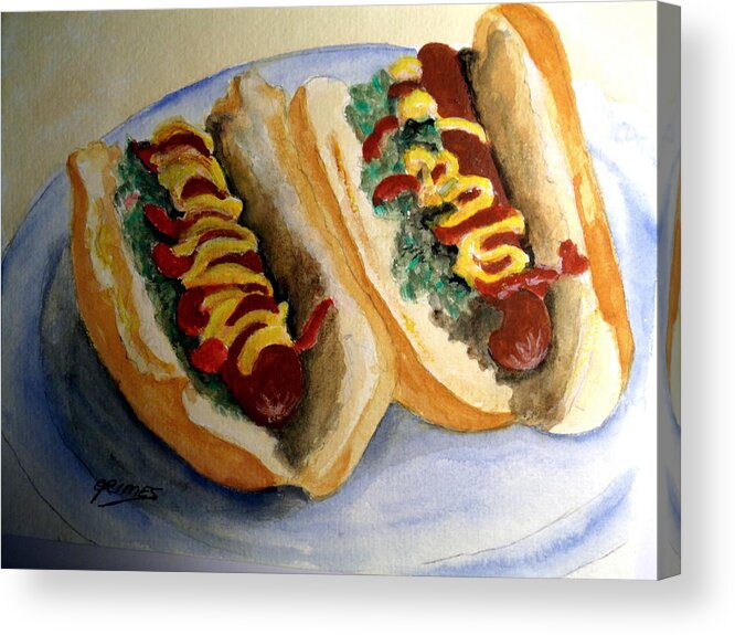 Hot Dogs Acrylic Print featuring the painting Summer Hot Dogs by Carol Grimes
