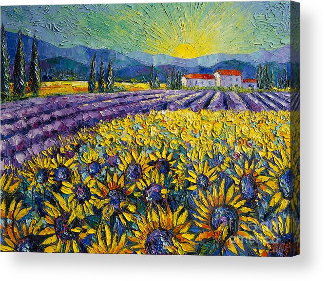 Sunflowers And Lavender Field The Colors Of Provence Acrylic Print featuring the painting SUNFLOWERS AND LAVENDER FIELD - THE COLORS OF PROVENCE Modern Impressionist Palette Knife Painting by Mona Edulesco