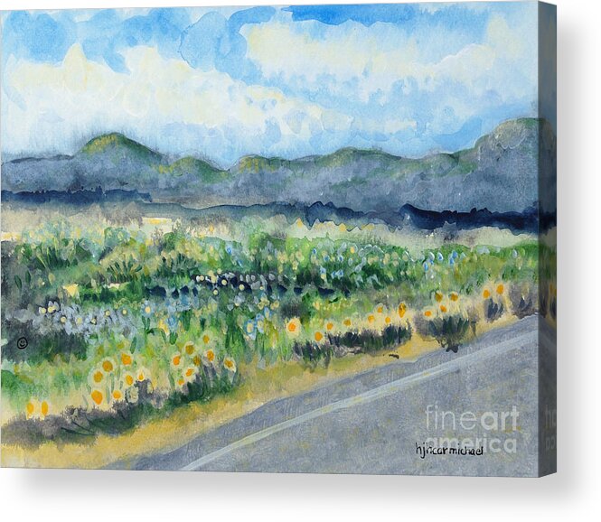 Acrylic On Paper Acrylic Print featuring the painting Sunflowers on the Way to the Great Sand Dunes by Holly Carmichael
