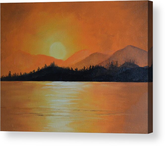 A Landscape Of Distant Mountains And A Dark Forest. The Sky Is Orange And The Lake Reflects The Color Of The Sky. Acrylic Print featuring the painting Sunset by Martin Schmidt