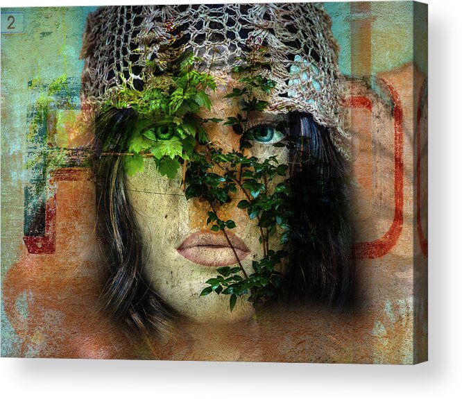Face Acrylic Print featuring the digital art The face with the green leaves by Gabi Hampe