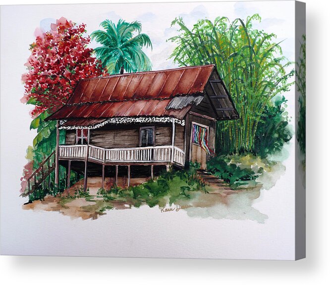  Tropical Painting Poincianna Painting Caribbean Painting Old House Painting Cocoa House Painting Trinidad And Tobago Painting  Tropical Painting Flamboyant Painting Poinciana Red Greeting Card Painting Acrylic Print featuring the painting The Old Cocoa House by Karin Dawn Kelshall- Best