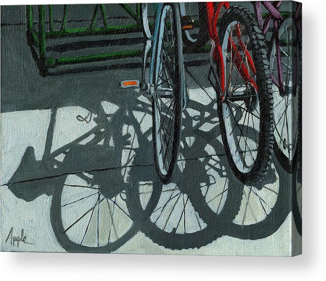 Bicycles Acrylic Print featuring the painting The Secret Meeting - bicycle shadows by Linda Apple