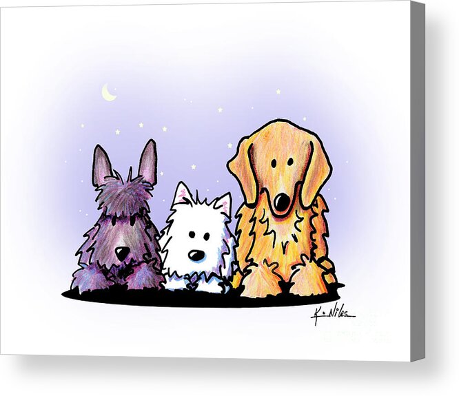 Scottie Acrylic Print featuring the drawing Three Dog Night by Kim Niles aka KiniArt