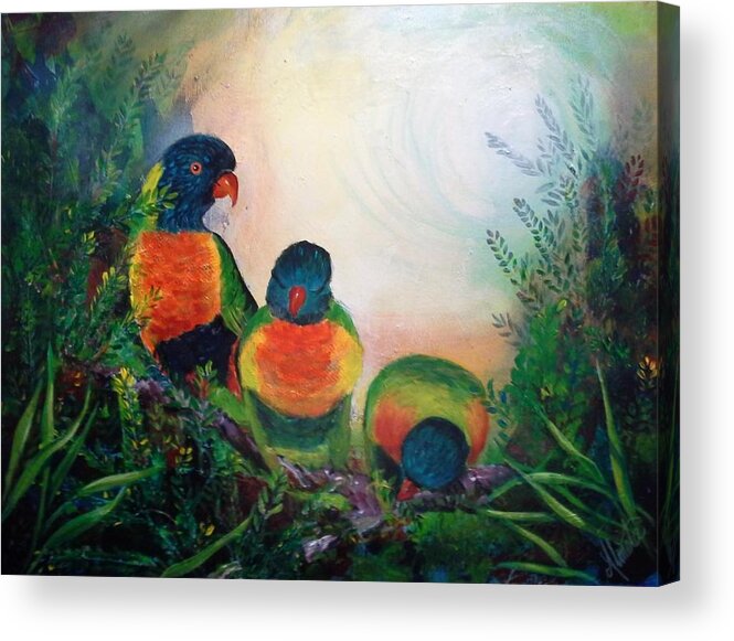 Lorikeet Acrylic Print featuring the painting Three Parrots by Almeta Lennon