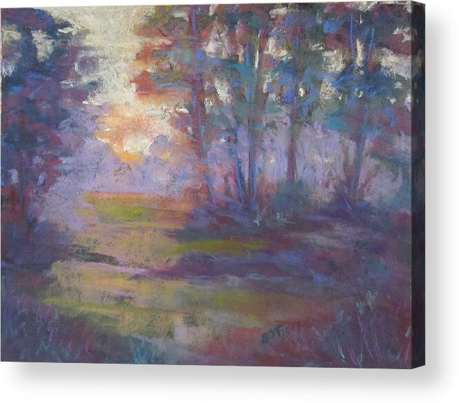 Sunrise Acrylic Print featuring the pastel Trees in the mist by Barbara O'Toole