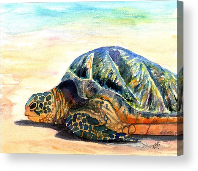 Green Sea Turtle Acrylic Print featuring the painting Turtle at Poipu Beach 8 by Marionette Taboniar