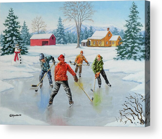 Hockey Acrylic Print featuring the painting Two On One by Richard De Wolfe