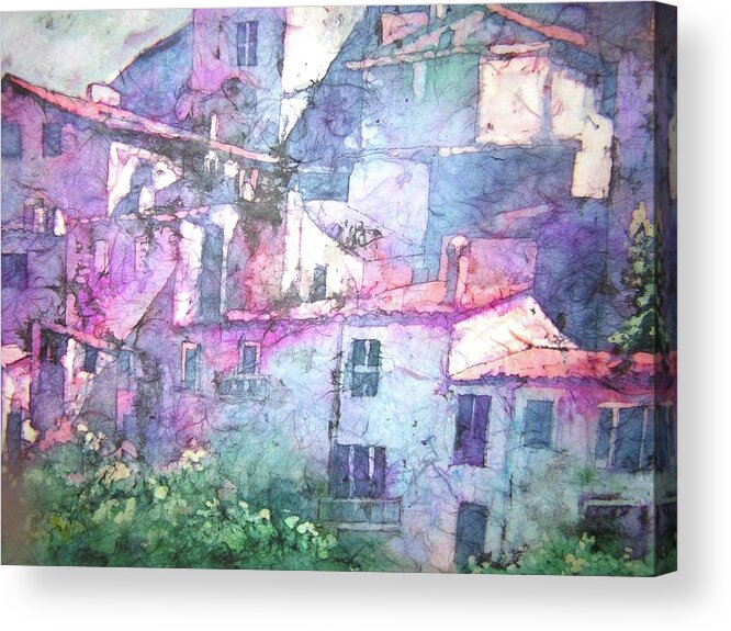 Batik Watercolor Capturing Sunlight Of Italian Buildings Acrylic Print featuring the painting Under the Tuscan Sun by Shirley Hathaway