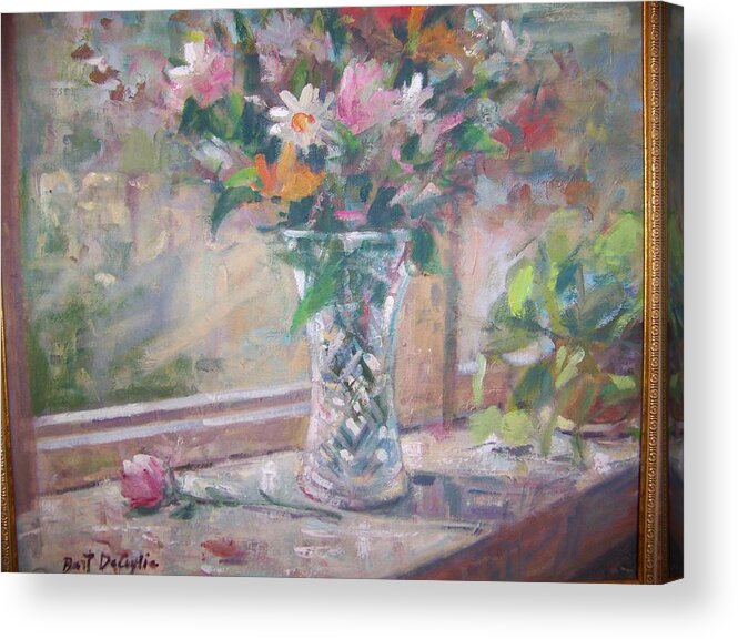 Glass Vase With Mixed Flowers On Window Sill Acrylic Print featuring the painting Vase and flowers in window sill. by Bart DeCeglie