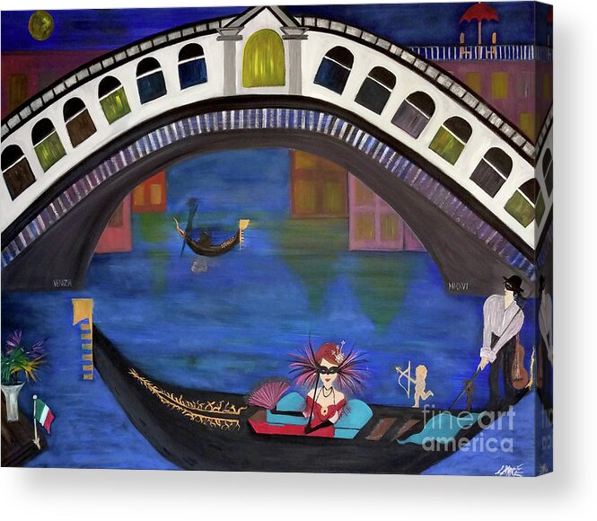 Gondola Acrylic Print featuring the painting Venice Gondola By Night by Artist Linda Marie