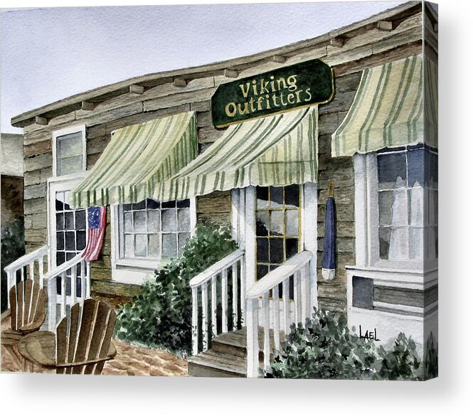 Storefront Acrylic Print featuring the painting Viking Outfitters by Lael Rutherford