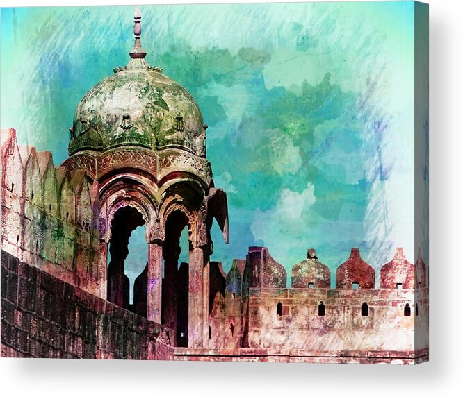 Travel Photography Acrylic Print featuring the photograph Vintage Watercolor Gazebo Ornate Palace Mehrangarh Fort India Rajasthan 2a by Sue Jacobi