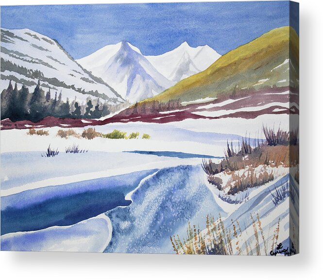 Winter Acrylic Print featuring the painting Watercolor - Winter Landscape near Crested Butte by Cascade Colors