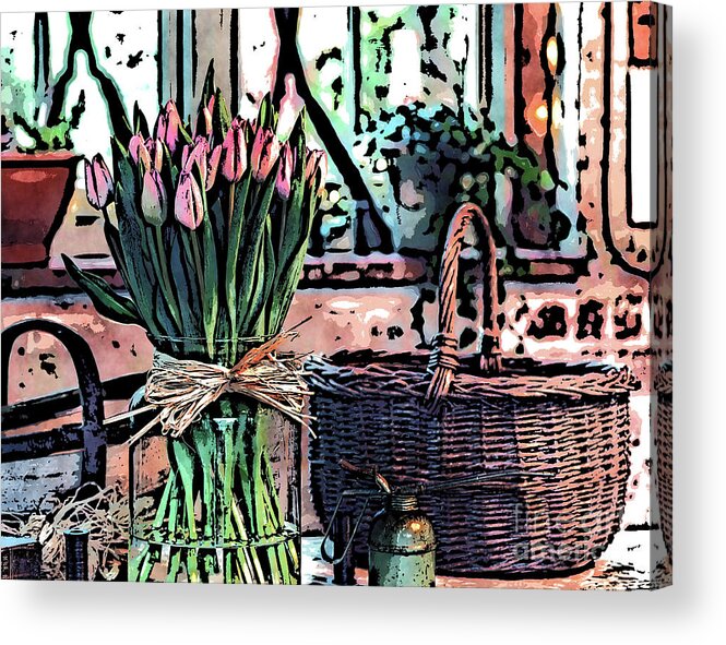 Wicker Basket Acrylic Print featuring the digital art Wicker Basket And Flowers by Phil Perkins