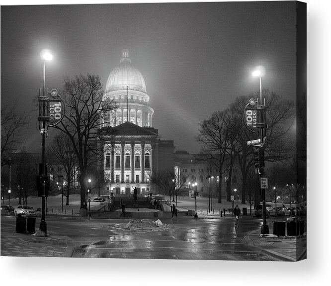 Wisconsin State Capitol Acrylic Print featuring the photograph Wisconsin State Capitol-Foggy Night by Todd Bannor