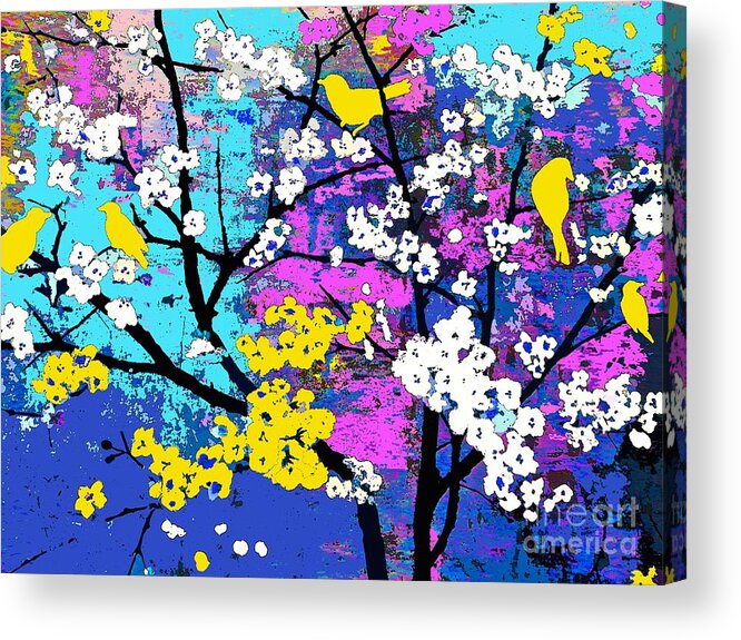 Yellow Birds And White And Yellow Flowers Acrylic Print featuring the painting Yellow Birds and White Flowers by Saundra Myles