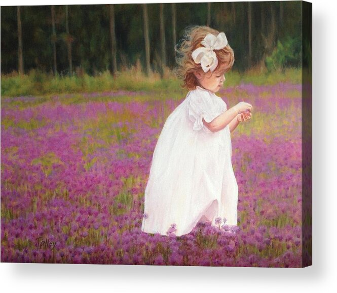 Girl Acrylic Print featuring the painting Young Girl Picking Flowers by Pam Talley