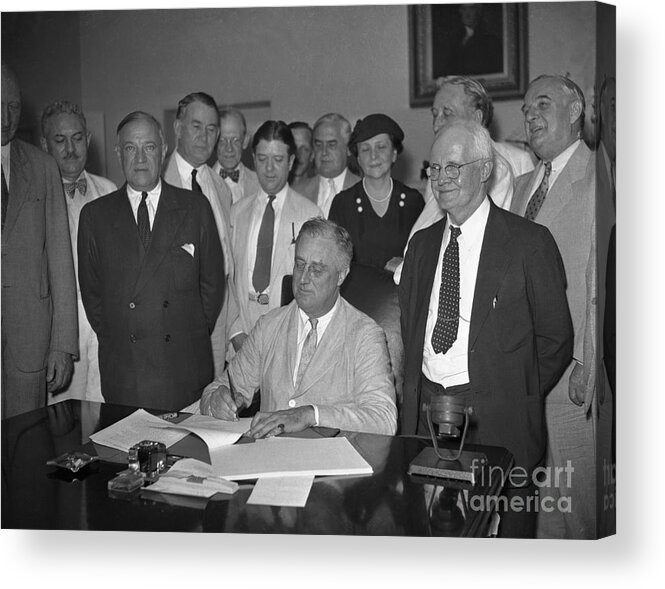 People Acrylic Print featuring the photograph Franklin Roosevelt Signing Bill #1 by Bettmann