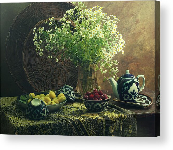 Chamomilles Acrylic Print featuring the photograph Still Life With Cherry And Chamomiles #1 by Ustinagreen