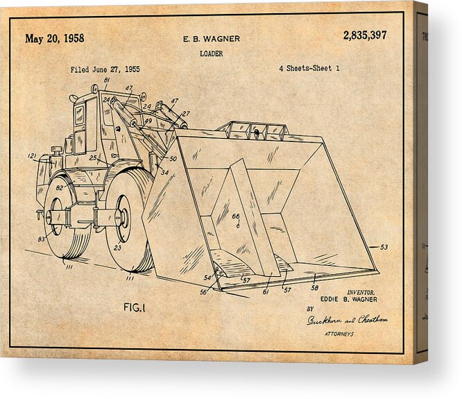 Operator Gift Acrylic Print featuring the drawing 1955 Front End Loader Patent Print Antique Paper by Greg Edwards