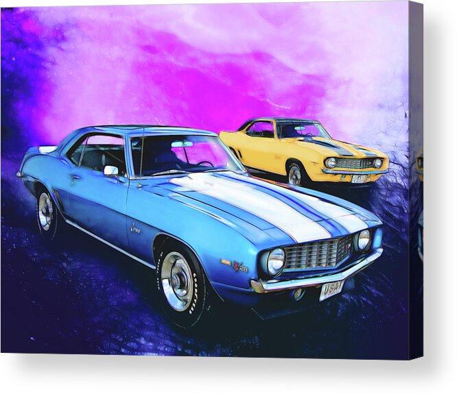 1969 Z-28 Blue Acrylic Print featuring the digital art 2 Camaros by Rick Wicker