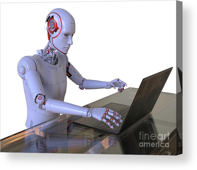 Robot Acrylic Print featuring the photograph Humanoid Robot Working With Laptop by Kateryna Kon/science Photo Library