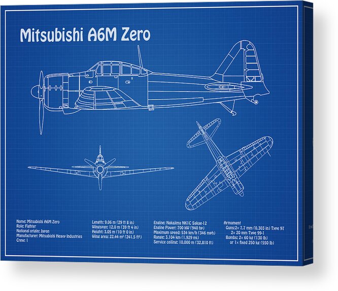 A6m Zero Acrylic Print featuring the drawing Mitsubishi A6m Zero - Airplane Blueprint. Drawing Plans For Mitsubishi A6m Reisen, Rei-sen Or Zeke #6 by SP JE Art