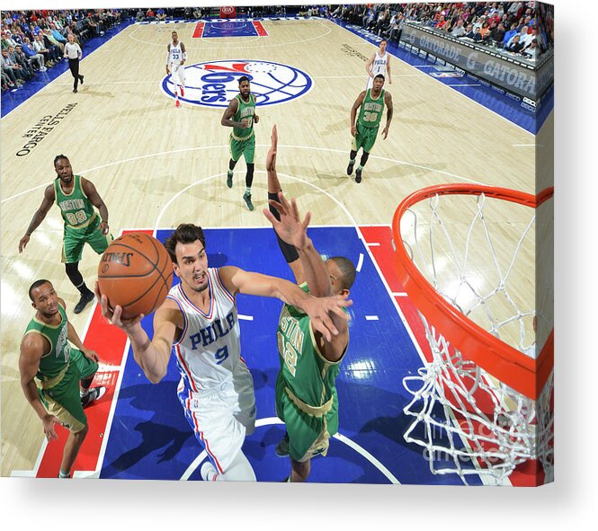 Dario Saric Acrylic Print featuring the photograph Philadelphia 76ers V Boston Celtics by Jesse D. Garrabrant